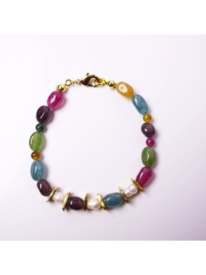 Rainbow Turmalin Taşı &amp; Inci Bileklik