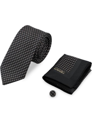 Hatemoğlu Kahverengi Kravat Mendil ve Yaka Rozeti 3'lü Set