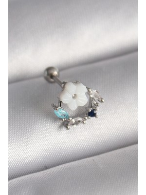 MiraLive 316L Çelik Gümüş Renk Zirkon Taş Detay Beyaz Çiçek Model Tragus Piercing - TJ-PR1359
