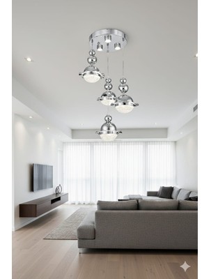 Bohem Aydınlatma 3+1 Krom Şapkalı Sarkıt 3 Renk LED Ayarlanabilir Başlıklı Modern Avize