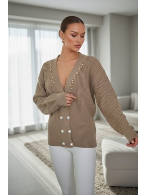 Newco Kadın Inci Düğme Detaylı Balon Kol V Yaka Triko Hırka