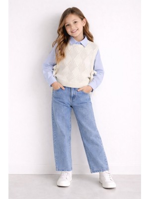 Cansın Mini Mavi Düğmeli Gömlekli Jean Pantolonlu Kız Çocuk Triko Süveterli 3lü Takım 23534