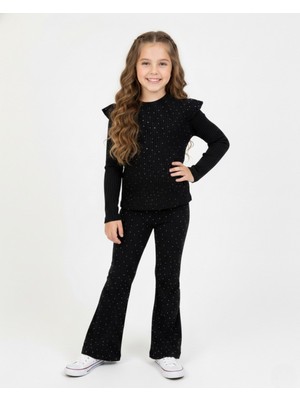 Ege Bebek Kız Çocuk Fitilli Taşlı Mevsimlik Şık 2'li Takım L 4-12 Yaş Taşlı Ispanyol Paçalı Tayt ve Bluz