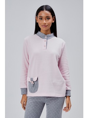 Moon Cover Mooncover Kadın Cep Detaylı Yarım Pat Düğmeli Kışlık Pijama Takımı – Pembe & Gri
