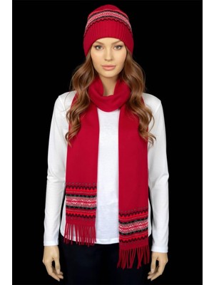 Desen Triko Kadın Kenarları Jakarlı Püsküllü Yün Kaşkol K.kırmızı