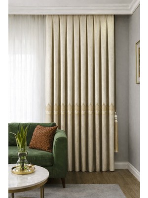 Fluiana  Pano Fon Perde Sık Pile Dikim|bej-Gold|desen Nakışlı Blackout Özellikli