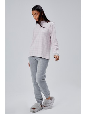 Moon Cover Mooncover Kadın Kareli Üst Yarım Pat Düğmeli Kışlık Pijama Takımı – Pembe & Gri