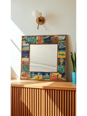 Begoloni Doğal Taş Dekoratif Ayna 62X62 cm Ahşap Çerçeveli- Van Gogh Eserleri Baskılı