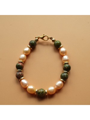 Almond Unakit Taşı ve Pembe Inci Bileklik