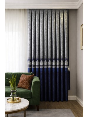 Fluiana  Pano Fon Perde Sık Pile Dikim|lacivert Gümüş Renk|desen Nakışlı Blackout Özellikli