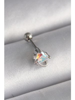 MiraLive 316L Çelik Gümüş Renk Zirkon Taşlı Kalp Tragus Piercing - TJ-PR1243