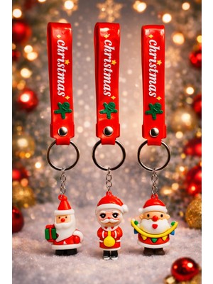 3'lü Yılbaşı Temalı Silikon Anahtarlık Seti–noel Baba, Kardan Adam ve Hediye Kutusu Figürlü