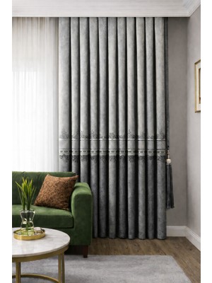 Fluiana  Pano Fon Perde Sık Pile Dikim|gri-Antrasitrenk|desen Nakışlı Blackout Özellikli