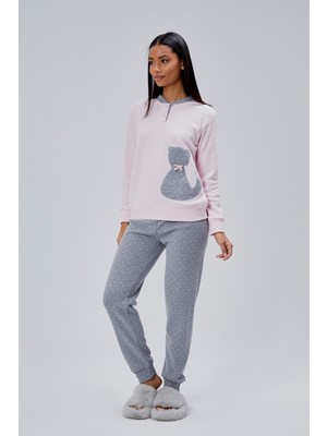 Moon Cover Mooncover Kadın Kedi Nakışlı Yarım Pat Düğmeli Kışlık Pijama Takımı – Pembe & Gri