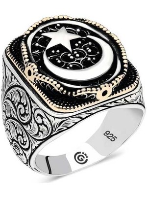 Gümüş Ay Yıldız Oval Erkek Yüzük