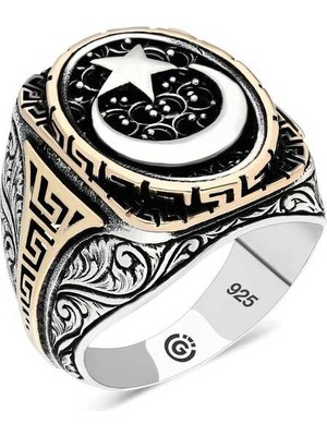 Gümüş Ay Yıldız Oval Erkek Yüzük