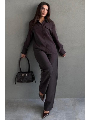 Madmext Kahverengi Tensel Kumaş Düğmeli Kadın Gömlek Takım MG2621