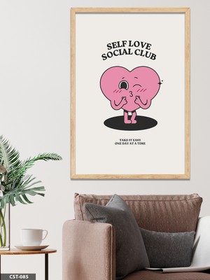 Evine Moda Pembe Karakter Illüstrasyon Self Love Social Club Tek Parça Ahşap Çerçeveli Tablo