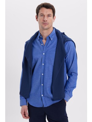 Tudors Erkek Regular Fit Klasik Kesim Düz Yaka Düğmeli Cepli Saks Mavi Gömlek