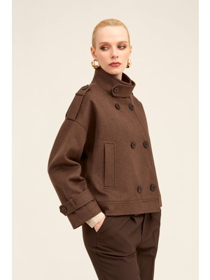 Hatemoğlu Kahverengi Regular Fit Hakim Yaka Kaşe Oversize Mont