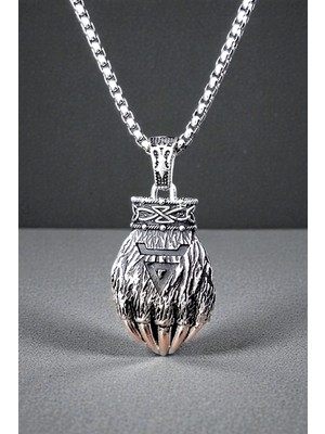 Ak Store Silver Erkek, Viking Ayı Pençesi Figürlü Çift Taraflı K-176 Paslanmaz Kromix Çelik Gümüş Kaplama Kolye