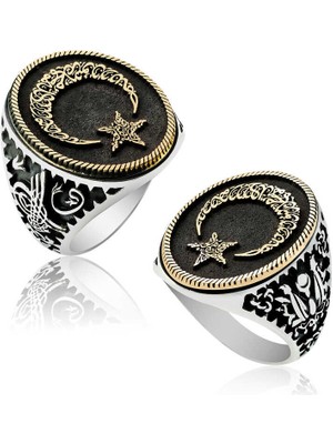 Gümüş Göktürkçe Alfabesi Yazılı Ay Yıldız Erkek Yüzük