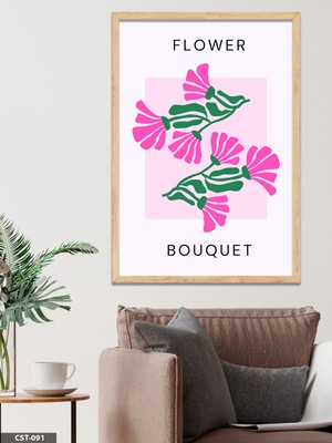 Evine Moda Pembe Çiçek Illüstrasyon Flower Bouquet Yazılı Tek Parça Ahşap Çerçeveli Tablo