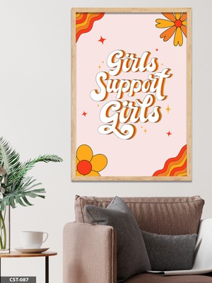 Evine Moda Turuncu Fonlu Girls Support Girls Yazılı Tek Parça Ahşap Çerçeveli Tablo