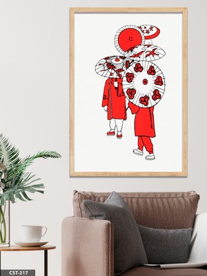 Evine Moda Kırmızı Şemsiyeli Insanlar Tek Parça Ahşap Çerçeveli Tablo