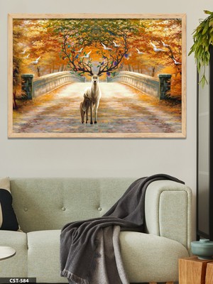 Evine Moda Geyik Çiçekler Tek Parça Ahşap Çerçeveli Tablo