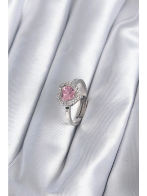 MiraLive Pirinç Gümüş Renk Pembe Zirkon Taşlı Charm Model Kadın Yüzük - TJ-BYK2864