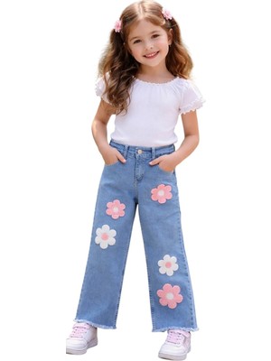 İrem Çocuk Giyim Kız Çocuk Çiçek Nakış Aplikeli Geniş Paça Model Paçası Püsküllü Mavi Renk Kot Pantolon