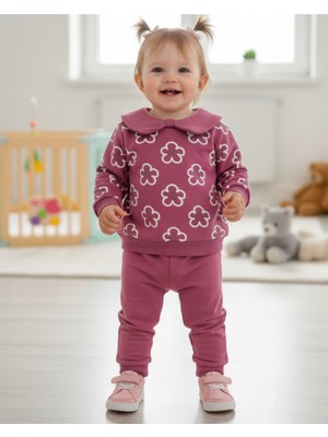 Ege Bebek Kız Bebek Çiçek Baskılı, Yaka Detaylı Mevsimlik Alt Üst Şık 2'li Kız Bebek Takımı