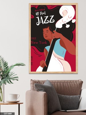 Evine Moda Siyah Fonlu Caz Illüstrasyon Jazz Yazılı Tek Parça Ahşap Çerçeveli Tablo