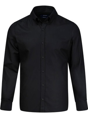 Hatemoğlu Siyah Comfort Fit Düğmeli Yaka 100% Pamuk Uzun Kollu Oxford Gömlek