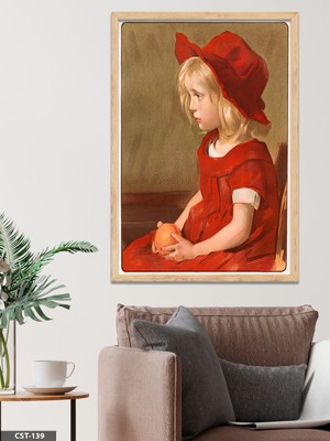 Evine Moda Kırmızı Elbiseli Kız Portre Tek Parça Ahşap Çerçeveli Tablo