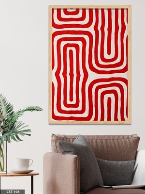 Evine Moda Kırmızı Beyaz Geometrik Desen Tek Parça Ahşap Çerçeveli Tablo