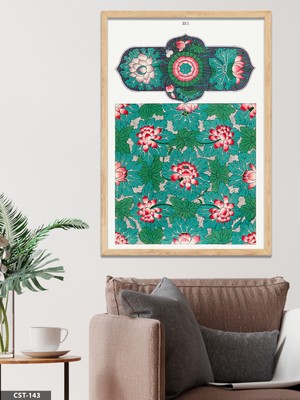 Evine Moda Yeşil Fonlu Çiçek Desen Tek Parça Ahşap Çerçeveli Tablo