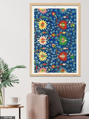 Evine Moda Mavi Fonlu Yıldızlı Çiçek Desen Tek Parça Ahşap Çerçeveli Tablo