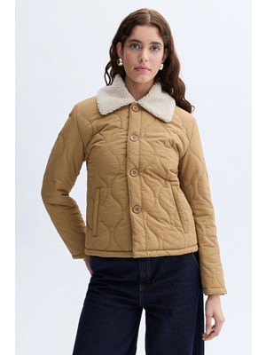 Pelüş Yaka Kapitoneli Puffer Mont