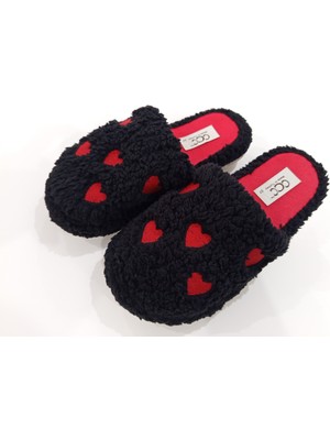 SolidBakkal Kırmızı Kalp Desenli Rahat Sıcak Tutan Misafir Kadın Ev Terliği