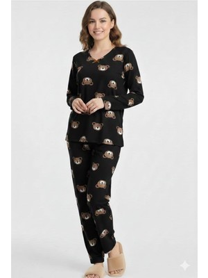 Karsel Premium Süet Dokulu Ayıcık Desenli Siyah Pijama Takımı