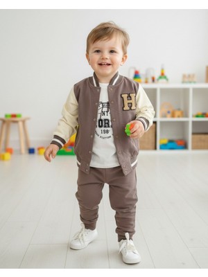 Ege Bebek Erkek Çocuk Mevsimlik H Nakışlı Kolej Ceketli, Pantalonlu Sweatshirtlü 3'lü Şık Alt Üst Takım