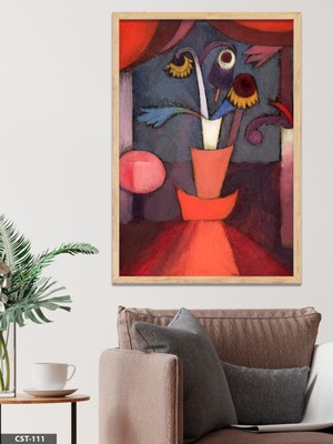 Evine Moda Kırmızı Perdeler Altında Çiçekler Sürreal Tek Parça Ahşap Çerçeveli Tablo