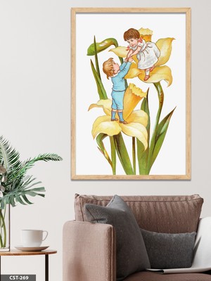 Evine Moda Çiçek Üzerinde 2 Çocuk Tek Parça Ahşap Çerçeveli Tablo