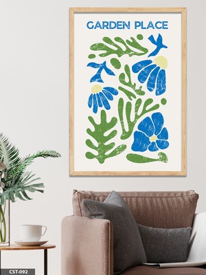 Evine Moda Mavi-Yeşil Çiçekli Garden Place Yazılı Tek Parça Ahşap Çerçeveli Tablo