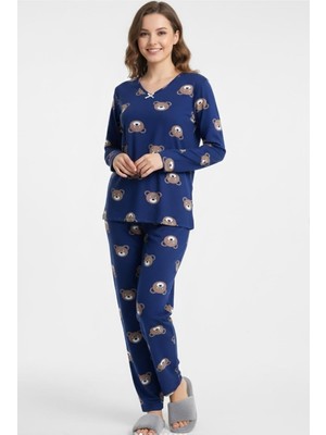 Karsel Premium Süet Dokulu Ayıcık Desenli Mavi Pijama Takımı