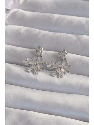 MiraLive Pirinç Gümüş Renk Zirkon Taşlı Yassı Fiyonk Model Küpe - TJ-BKP9300