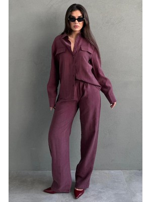 Madmext Bordo Tensel Kumaş Düğmeli Kadın Gömlek Takım MG2621