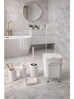 Decorev Standlı Beyaz Banyo Aksesuar Seti Tuvalet Fırçası, Banyo Kovası, Sabunluk ve Diş Fırçalık Seti